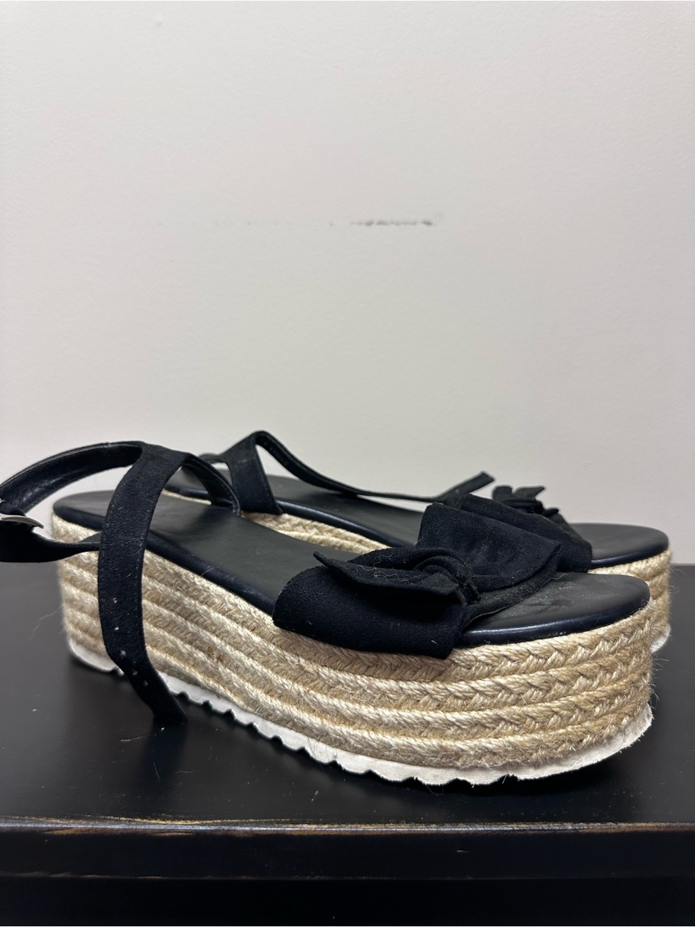 Women's Black Platform Espadrille Sandals with Bow Accent